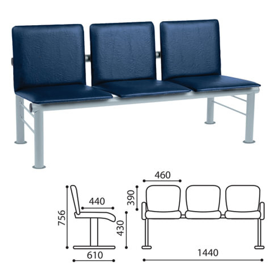 Кресло для посетителей трехсекционное "Терра", серебристый каркас, кожзам синий