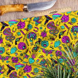 Ткань кулирная гладь розово-голубые предметы на жёлтом фоне