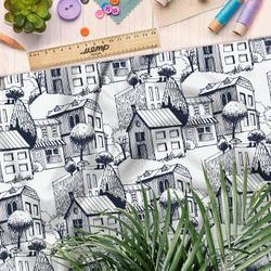 Ткань дюспо карандашные дома на белом фоне
