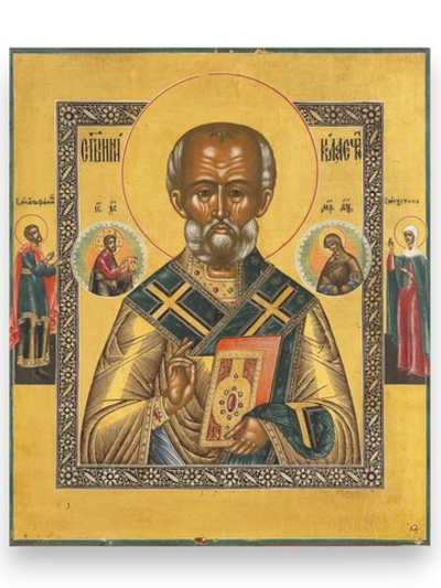 Николай Чудотворец святитель Мирликийский, святой Агафоник и святая Иустина. Деревянная икона на левкасе