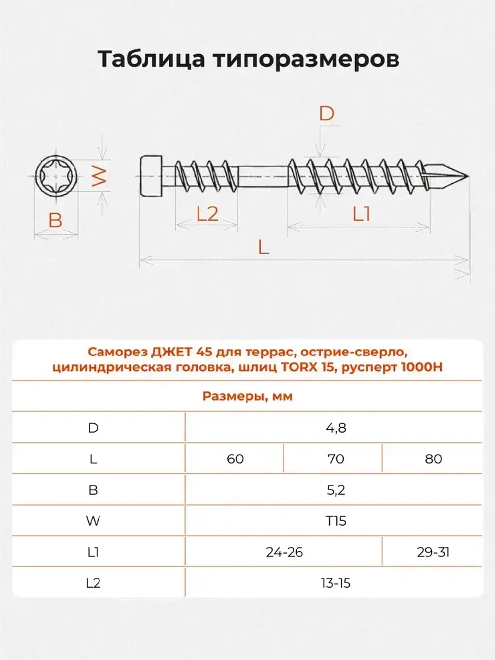 Саморез по дереву Gwozdeck для Террасной доски Потайной 5,0*80 Окрашенный Torx15 Упаковка 100 шт., подходит для ДЖЕТ 45/ДЖЕТ 90