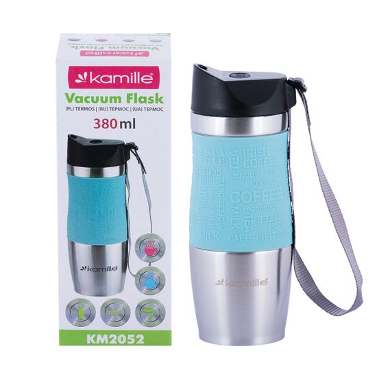 Термокружка 380 мл. из нержавеющей стали Kamille KM-2052 с TPR-вставкой и ремешком