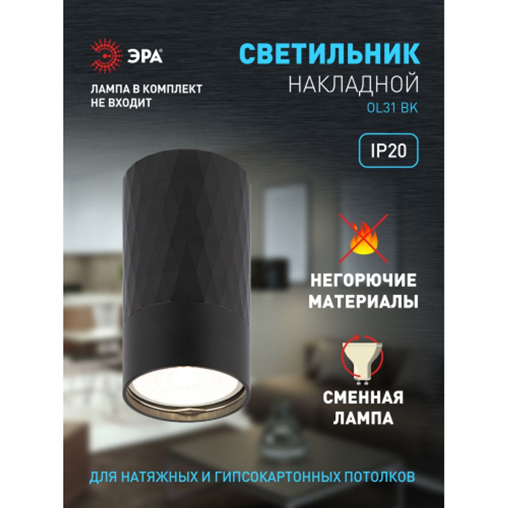 Светильник настенно-потолочный спот ЭРА OL31 BK MR16 GU10 IP20 черный | Накладные светильники