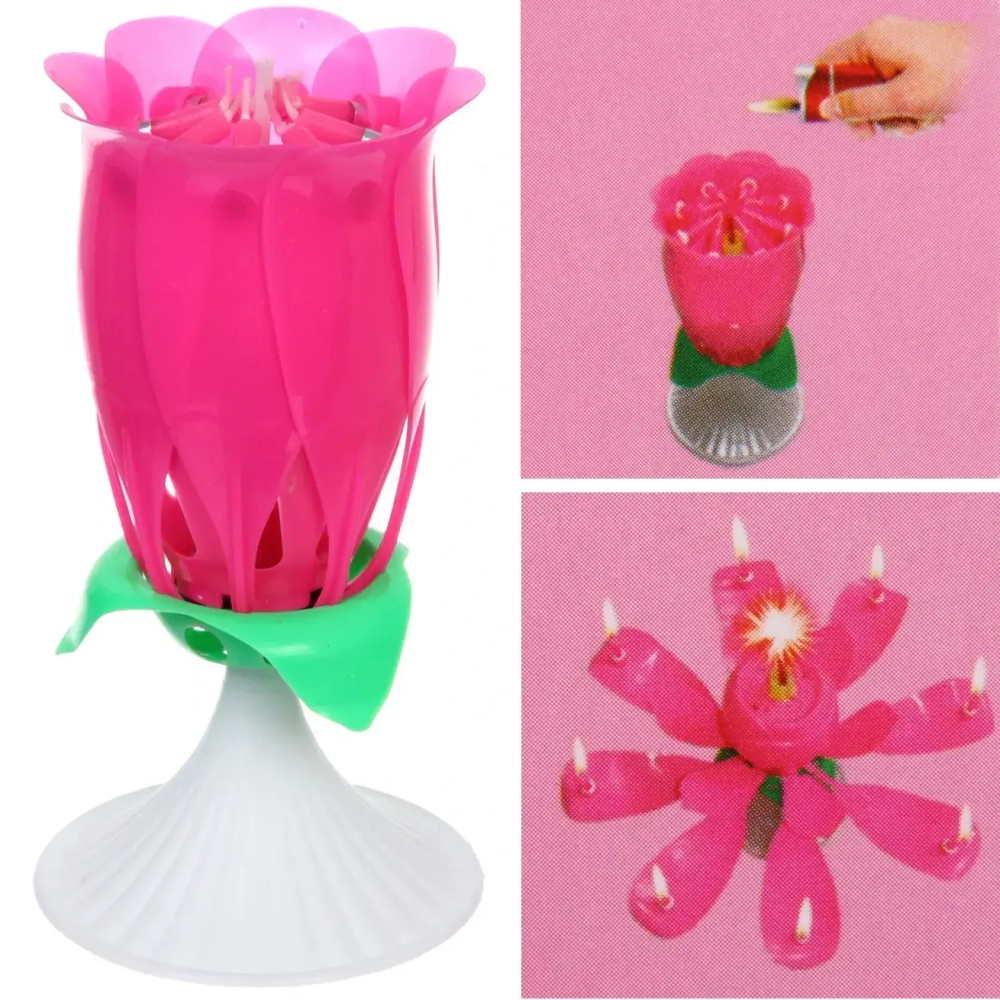 Свеча для торта раскрывающийся цветок «Роза» (8 свечей), Розовый