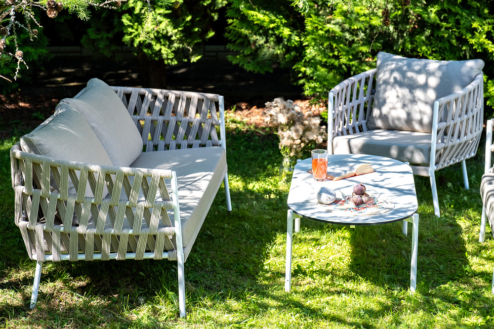 "Диего" лаунж-зона 4-местная плетеная из роупа (веревки), каркас алюминиевый белый, роуп бежевый