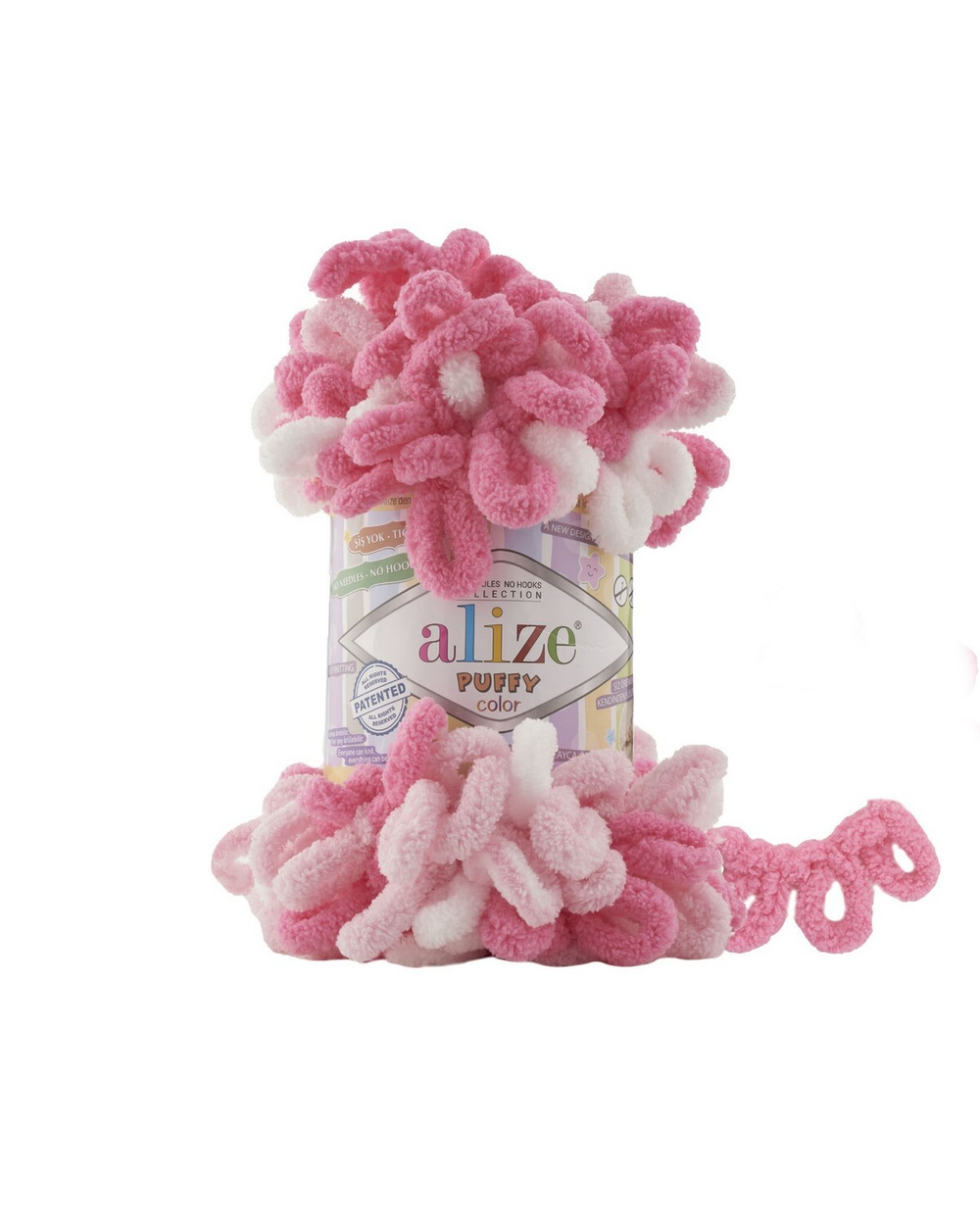 Пуффи колор (Puffy color) пряжа Alize 100%микрополиэстер 5х100г/9 м (6383 белый- ярко-розовый)