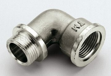 Угольник латунный с упором Tiemme 1/2"x1/2" НР/ВР с наружной/внутренней резьбой никелированный 15001