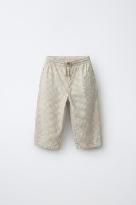 ZARA БРЮКИ SEERSUCKER В ПОЛОСКУ, СВЕТЛО-БЕЖЕВЫЙ