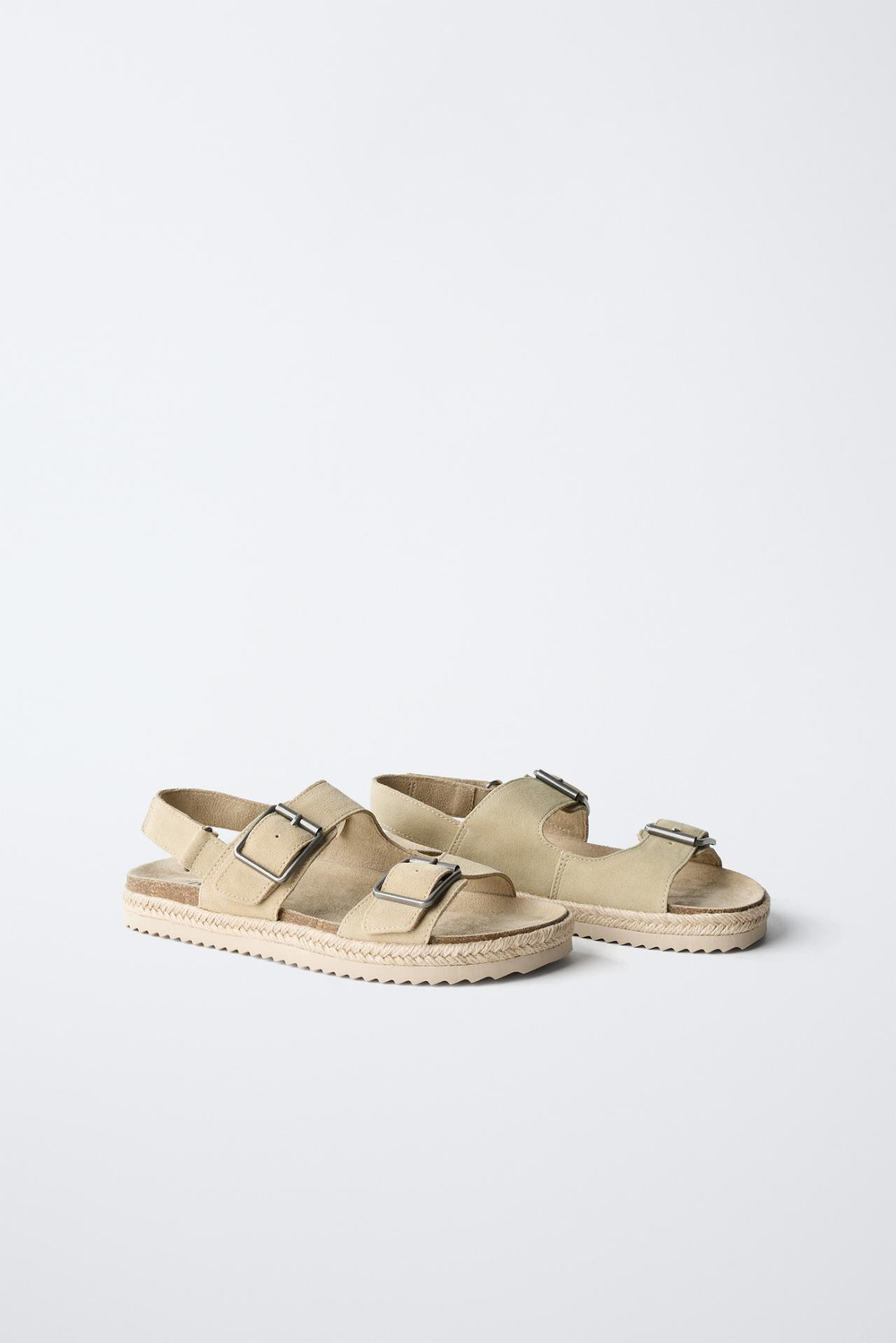 ZARA КОЖАНЫЕ САНДАЛИИ С ПРЯЖКАМИ И ДЖУТОВОЙ ПОДОШВОЙ, ПЕСОЧНО-КОРИЧНЕВЫЙ