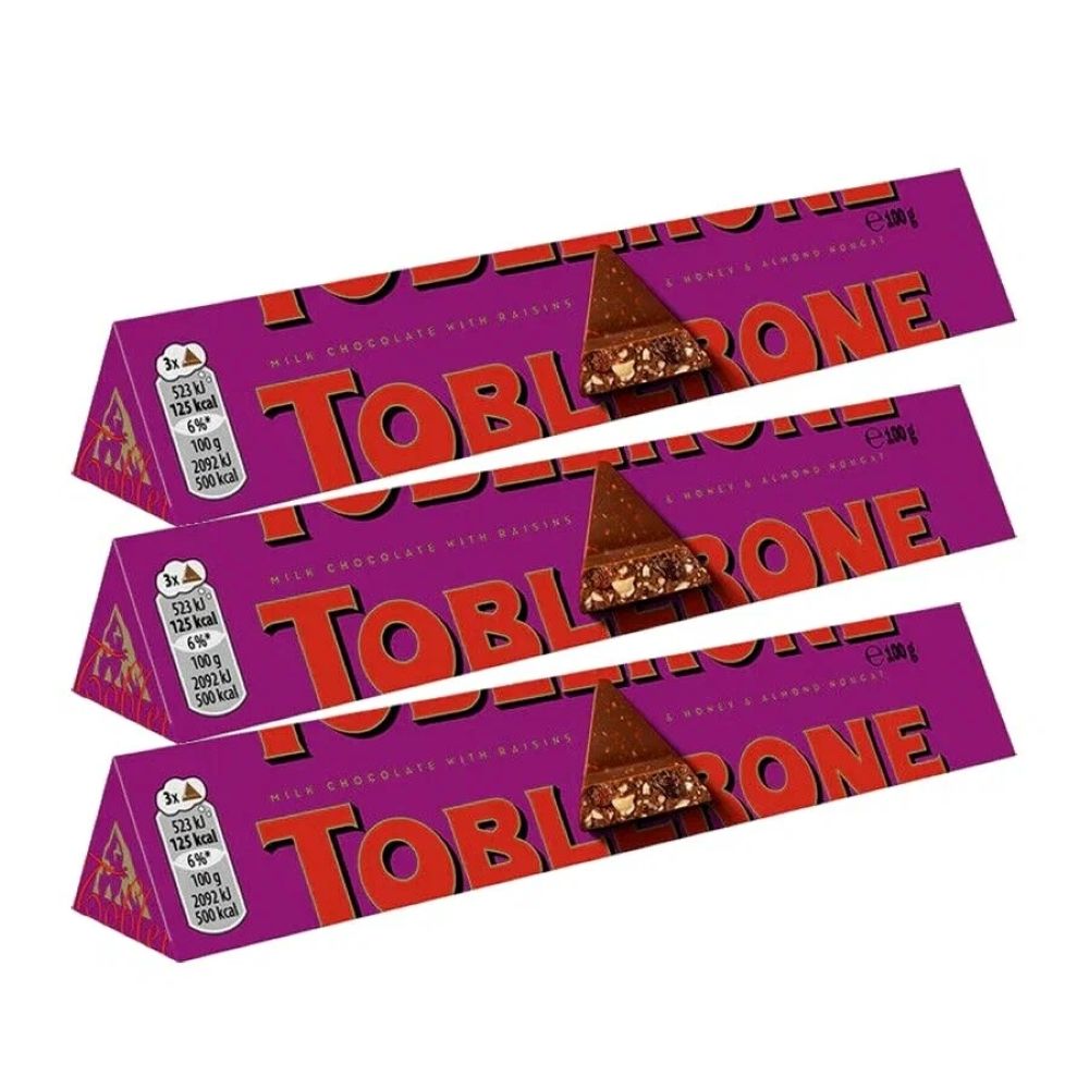 Toblerone шоколад молочный с медово-миндальной нугой, изюмом и орехом 100 г, 3 шт