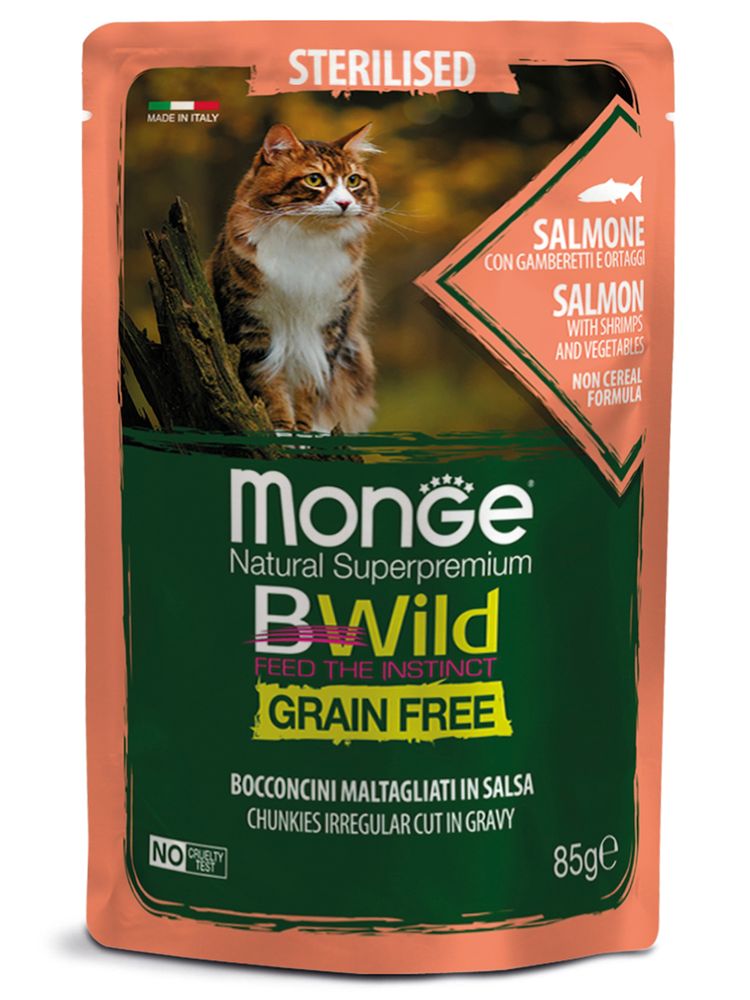 Влажный корм Monge Cat BWild GRAIN FREE для стерилизованных кошек, беззерновой, из лосося с креветками и овощами 85 г