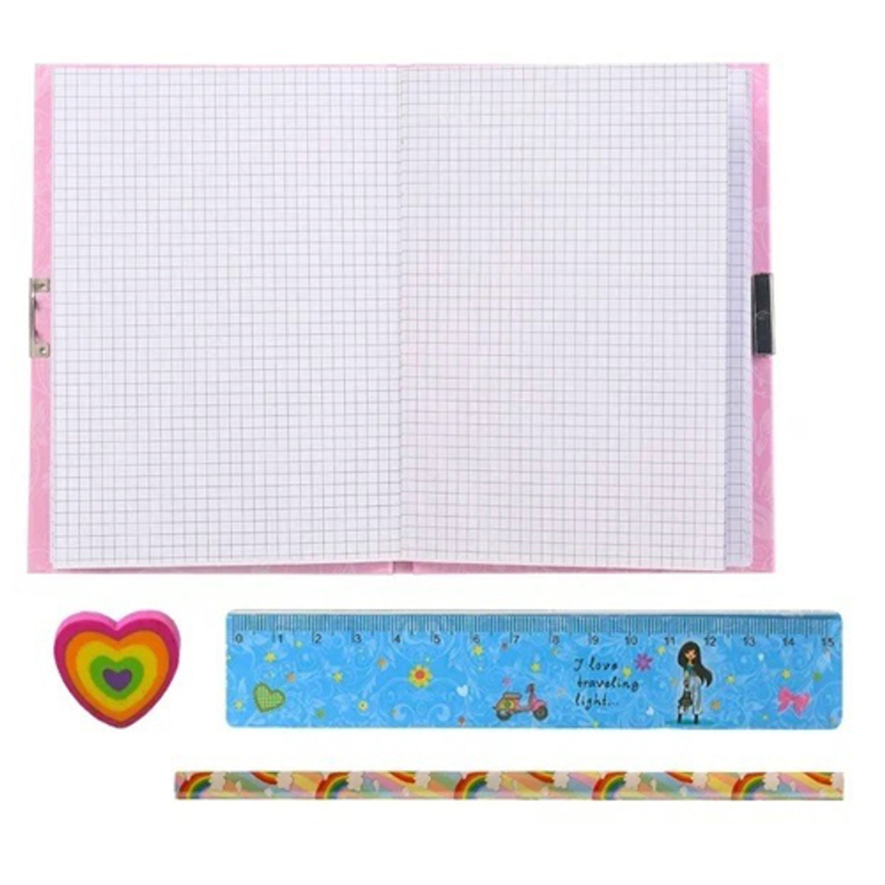 Блокнот детский Basir на замке, с карандашом, линейкой и ластиком, формат А6, серия "Девочка", переплет 7БЦ, 15*11 см, 48 листов, 4 цвета ассорти