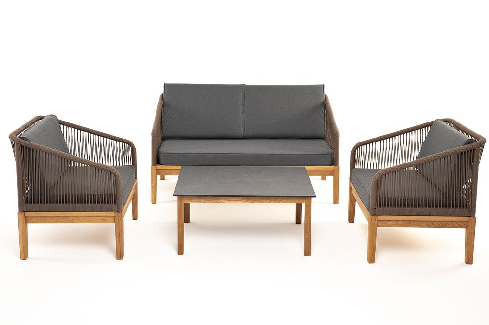 "Канны" лаунж-зона 4-местная из роупа со столиком "Канны" (серый гранит), основание дуб, роуп коричневый