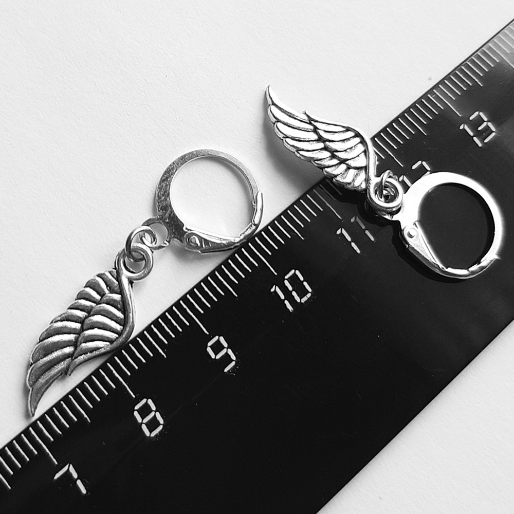 Серьги-кольца с подвеской "Крыло ангела" под серебро. 1 пара