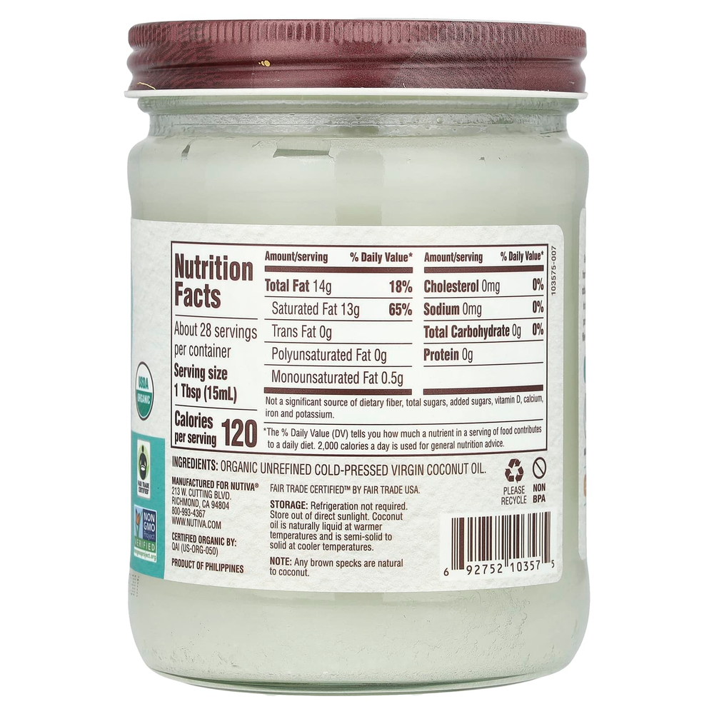 Nutiva, органическое кокосовое масло первого отжима, 414 мл (14 жидк. унций)