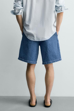 ZARA ДЖИНСОВЫЕ ШОРТЫ RELAXED FIT С ЗАЩИПАМИ, СИНИЙ