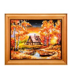 AMB-74/59 Картина «Избушка у озера» (с янтарной крошкой) дер.краш.рамка 12х15