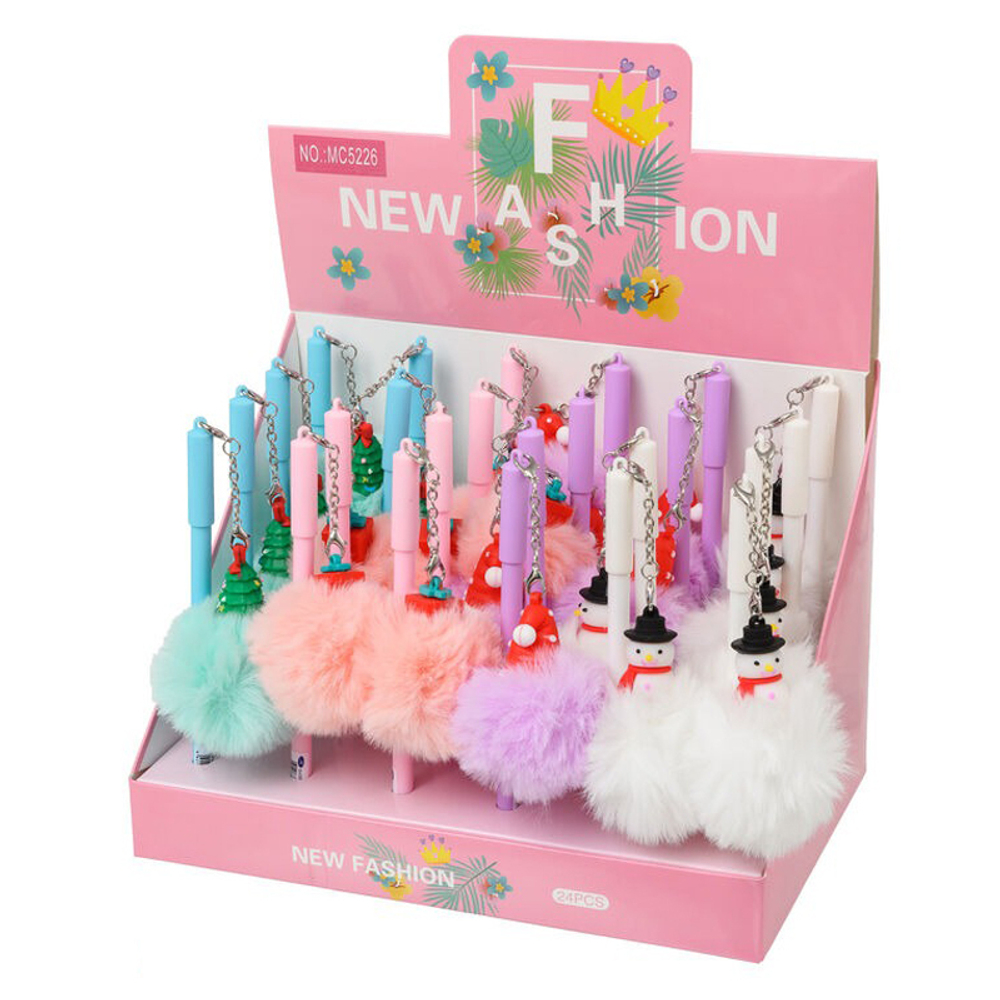 Ручка шариковая, масляная, Basir, синие чернила, серия "Новый год", с пушистым брелоком, 24 шт