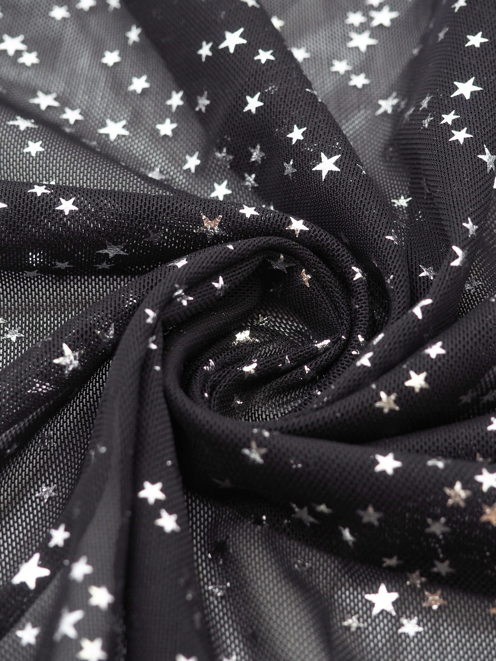 Сетка эластичная черная с серебристыми звездами метражом (Турция)