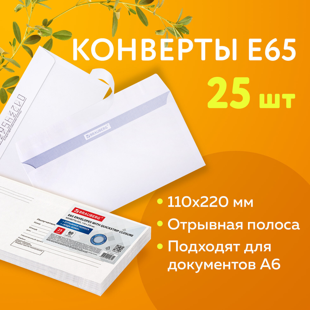 Конверты Е65 (110х220 мм) отрывная лента "Куда-Кому" 80 г/м2 комплект 25 шт. внутренняя запечатка BRAUBERG (10 штук в упаковке)