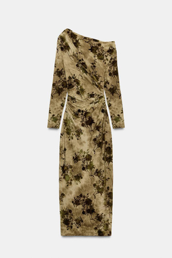 ZARA ПЛАТЬЕ ИЗ ФЛОКА СО СБОРКАМИ, СВЕТЛО-БЕЖЕВЫЙ