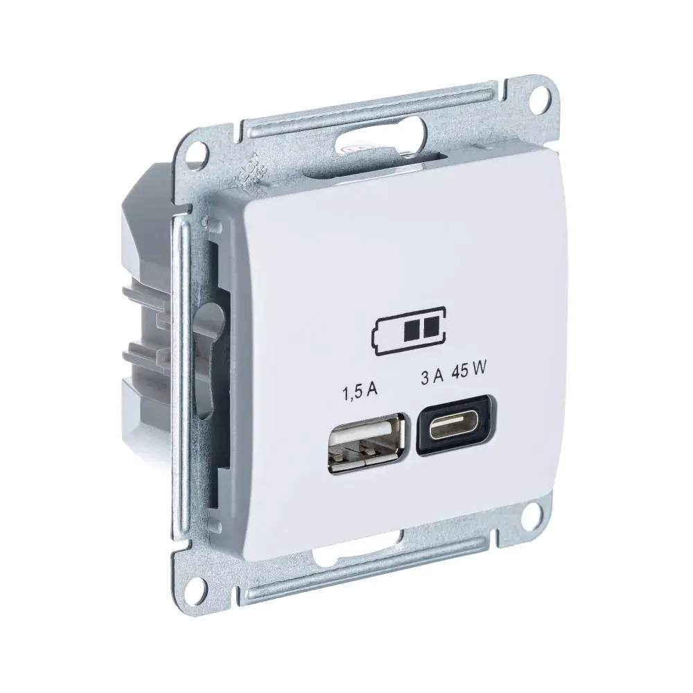 GLOSSA USB РОЗЕТКА A + тип-C 45Вт высокоскор.заряд. QC, PD, механизм, БЕЛЫЙ