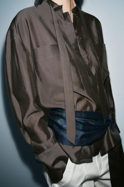 ZARA РУБАШКА С КАРМАНАМИ И ЗАВЯЗКАМИ — ZW COLLECTION, СЕРОВАТО-КОРИЧНЕВЫЙ