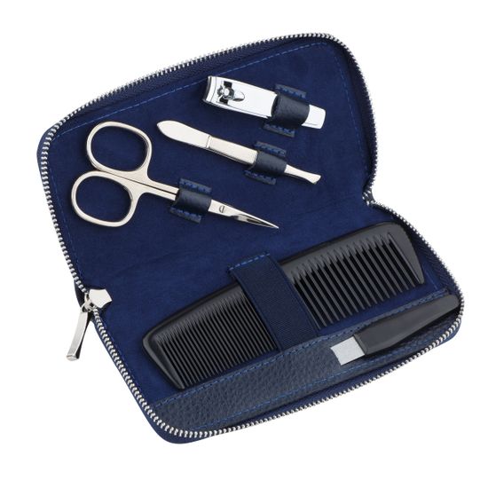 Маникюрный набор GD, 5пр. (мужской дорожный набор), Инструменты: ножницы для ногтей, пилка металлическая 12,5 см, пинцет скошенный, книпсер для ногтей 6 см, расческа. Футляр: натур.кожа, цвет синий