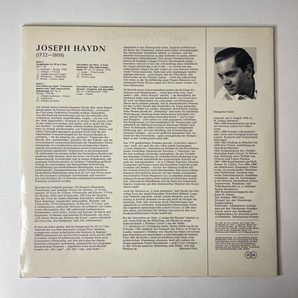 Винтажная виниловая пластинка LP Joseph Haydn Гайдн, Nurnberger Symphoniker Dirigent, Hanspeter Gmur, Symphonie Nr. 97 C-Dur, 3 Opern Ouverturen (Германия 1977)