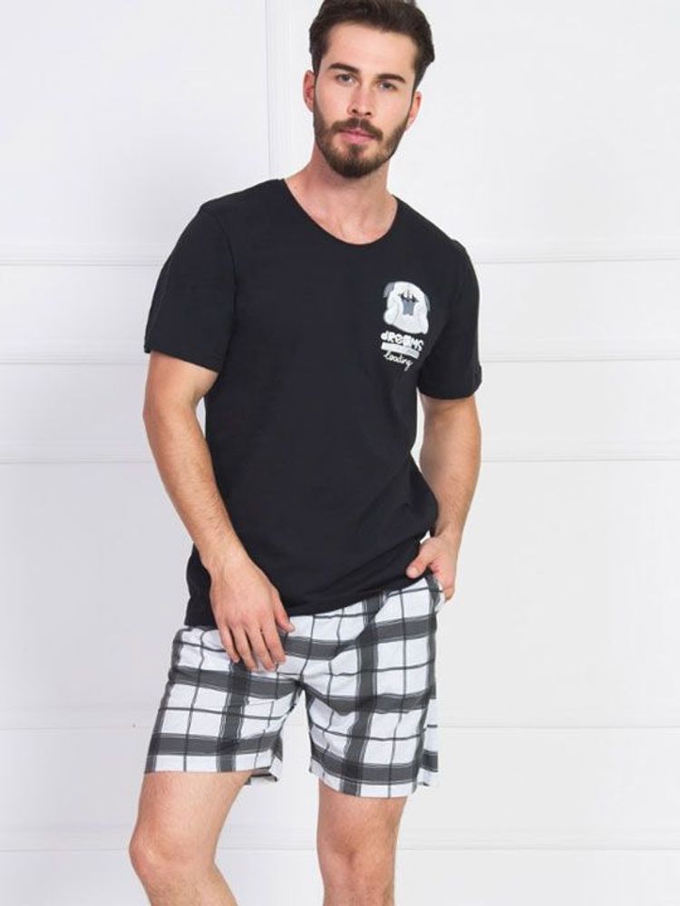 Мужской комплект с шортами в крупную клетку (Размер: S) (Цвет: черный с белым)