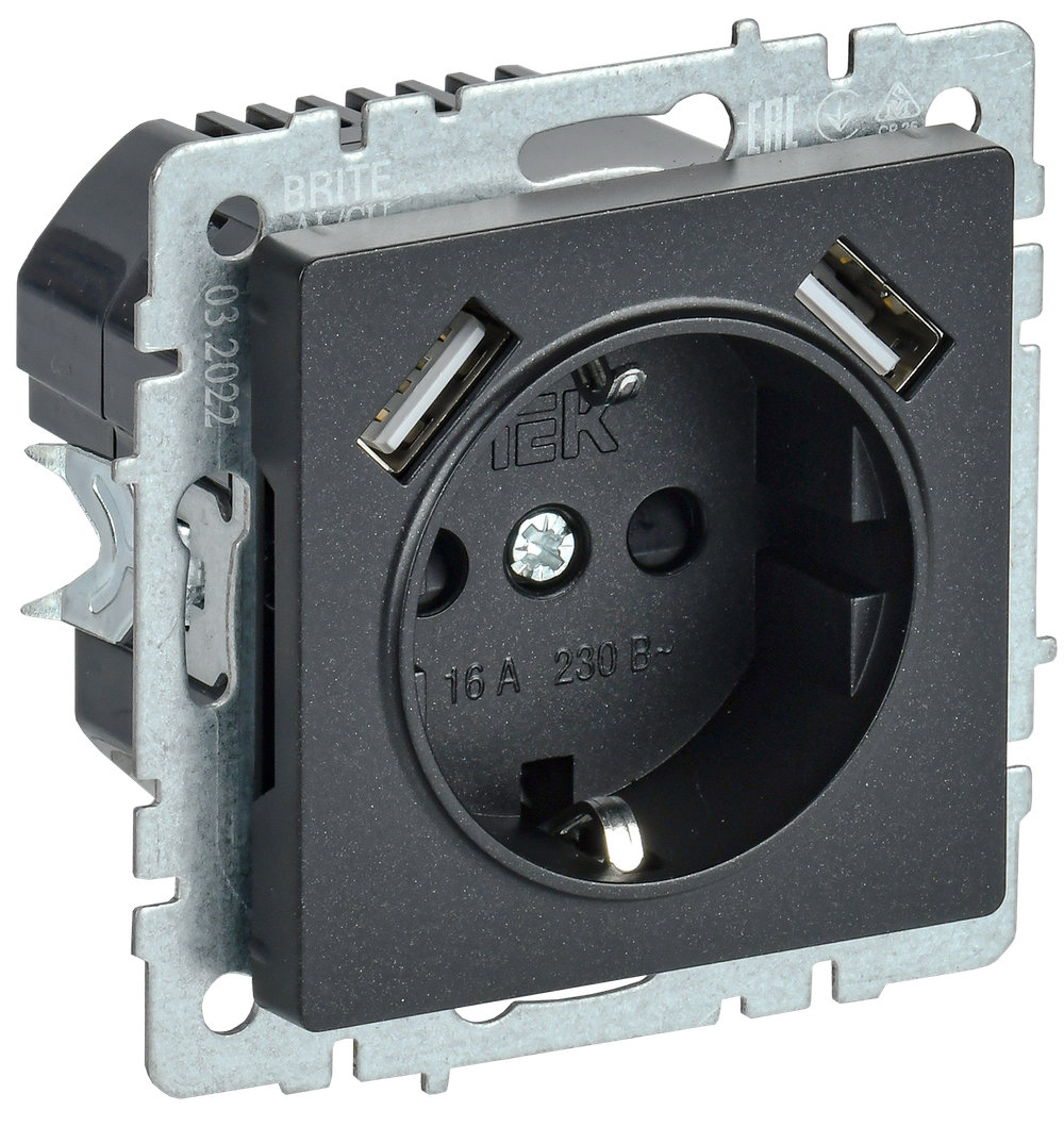 BRITE Розетка 1-местная с заземлением с защитными шторками 16А с USB A+A 5В 3,1А РЮш10-2-БрЧ черный IEK