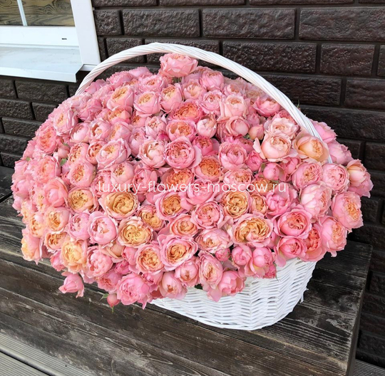 Корзина садовых кустовых пионовидных роз сорта Джульета