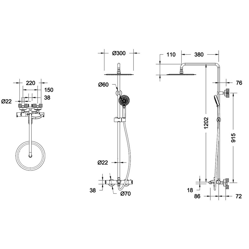 ДУШЕВАЯ КОЛОННА С ТЕРМОСТАТИЧЕСКИМ СМЕСИТЕЛЕМ ДЛЯ ВАННЫ И ВЕРХНИМ ДУШЕМ BRAVAT WATERFALL F639114C-A5-RUS