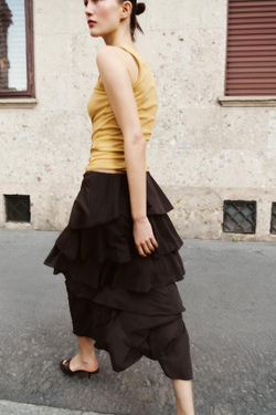 ZARA ЮБКА МИДИ С ВОЛАНАМИ, ТЕМНО-КОРИЧНЕВЫЙ