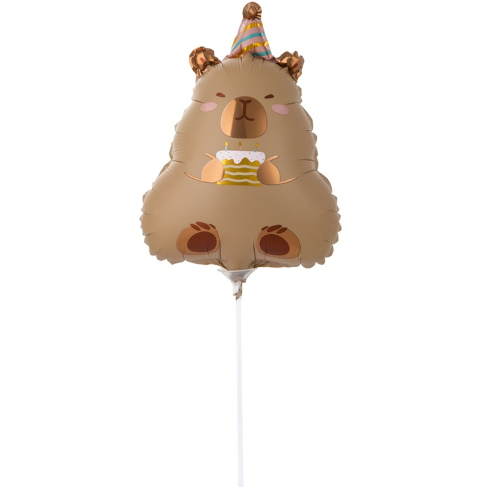 Шар Фольгированный Капибара в колпаке с тортом (Коричневый)