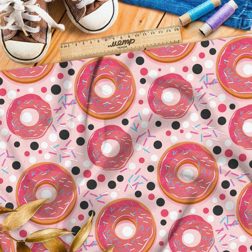 Ткань дюспо свежие клубничные пончики с посыпкой