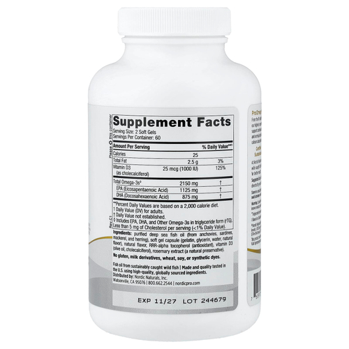 Nordic Naturals, ProOmega 2000-D, омега-3, со вкусом лимона, 1250 мг, 120 капсул (625 мг в 1 капсуле)