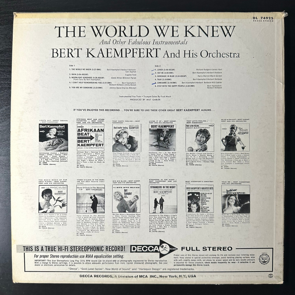 Bert Kaempfert & His Orchestra ‎– The World We Knew (Канада 1967г.)