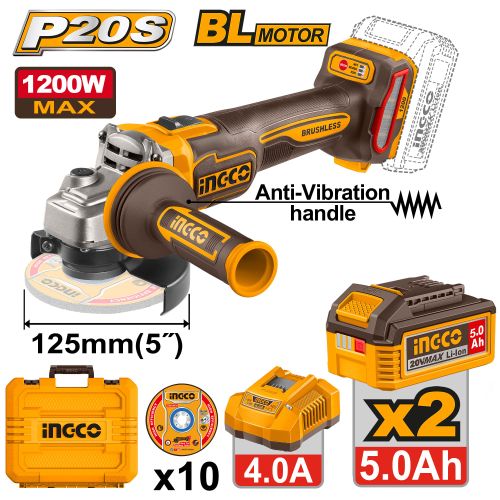 Аккумуляторная УШМ 20В, BL 125мм 2хАКБ 5Ач и ЗУ 4A SUPER INGCO CAGLI2120272 INDUSTRIAL