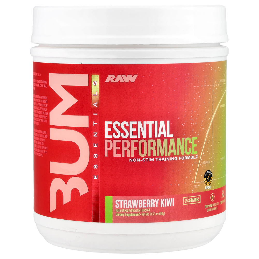 Raw Nutrition, Bum Essentials, Essential Performance, формула для тренировки без стимуляторов, со вкусом клубники и киви, 610 г (21,52 унции)