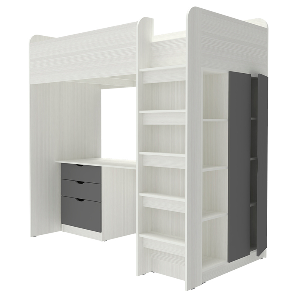 Кровать-чердак КарИВи Polini Simple с письменным столом и Шкаф КарИВиом Белое Дерево Темно-серый