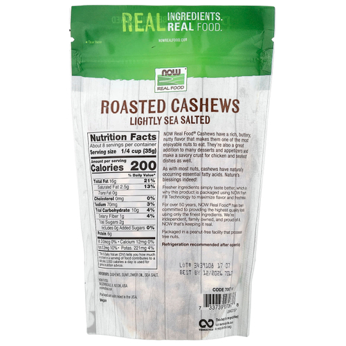 NOW Foods, Real Food, кешью, обжаренные с морской солью, 284 г (10 унций)