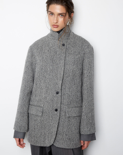 Пальто-жакет из шерсти елочка серый