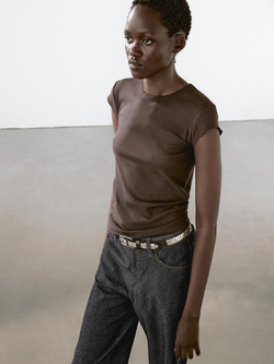 Massimo Dutti Футболка с короткими рукавами и окантовкой, коричневый