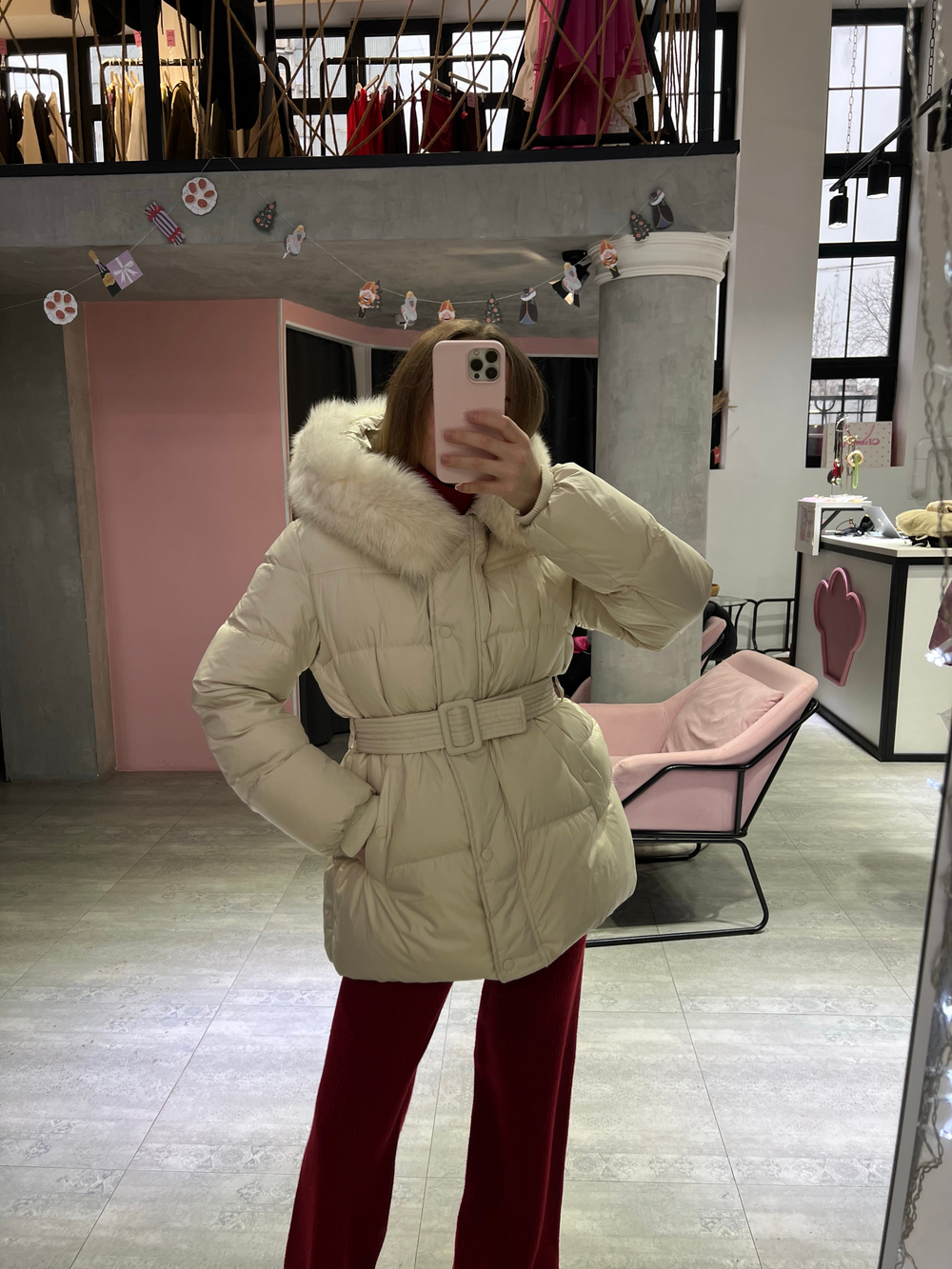 Пуховик Fresh миди с поясом молочный