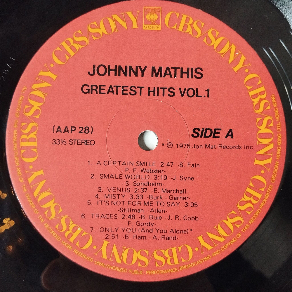 Винтажная виниловая пластинка LP Johnny Mathis Greatest Hits Vol. 1 (Hong Kong 1974)