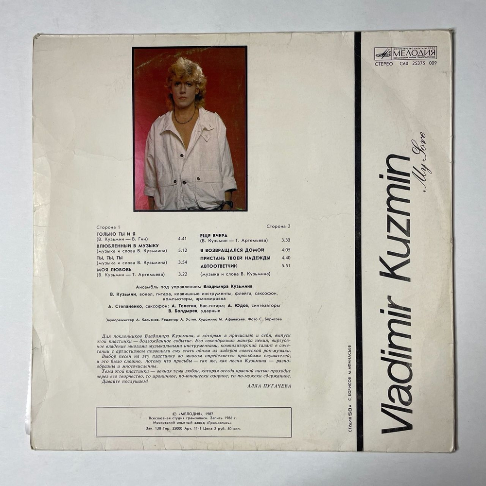 Винтажная виниловая пластинка LP Владимир Кузьмин Моя Любовь (СССР 1987) Московский Опытный Завод