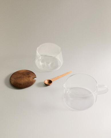 ZARA HOME САХАРНИЦА И МОЛОЧНИК ИЗ БОРОСИЛИКАТНОГО СТЕКЛА И ДЕРЕВА, ПРОЗРАЧНЫЙ