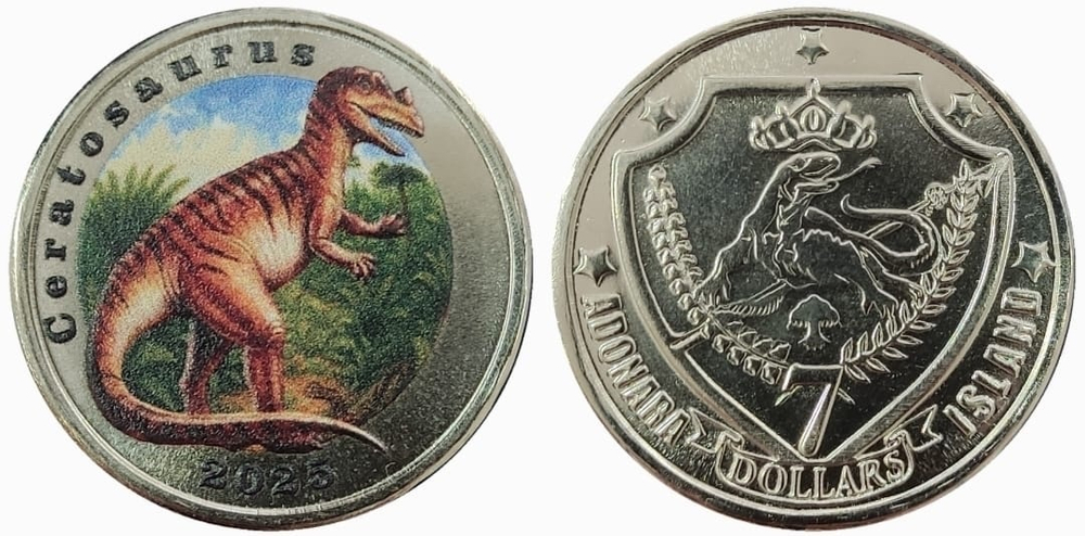 Остров Адонара 7 долларов 2025 Динозавр - Цератозавр