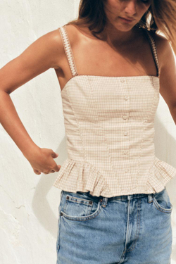 ZARA ТОП В КЛЕТКУ С ВОЛАНАМИ, КОРИЧНЕВЫЙ/ЭКРЮ